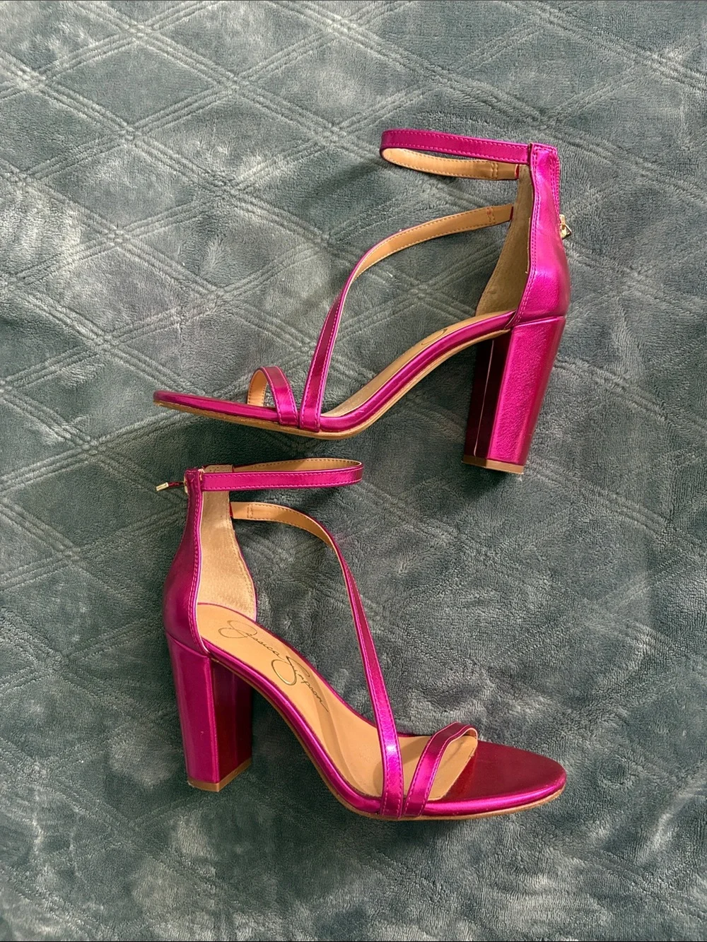 Jessica Simpson Metallic Fuchsia Strappy Block Heel Sandals